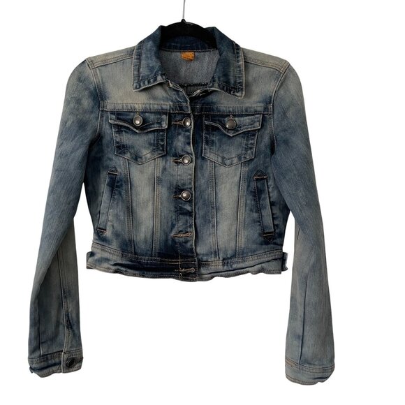 Joujou Size XS Distressed Light Blue Denim Jacket Button Front Pockets Stretch - Picture 1 of 5